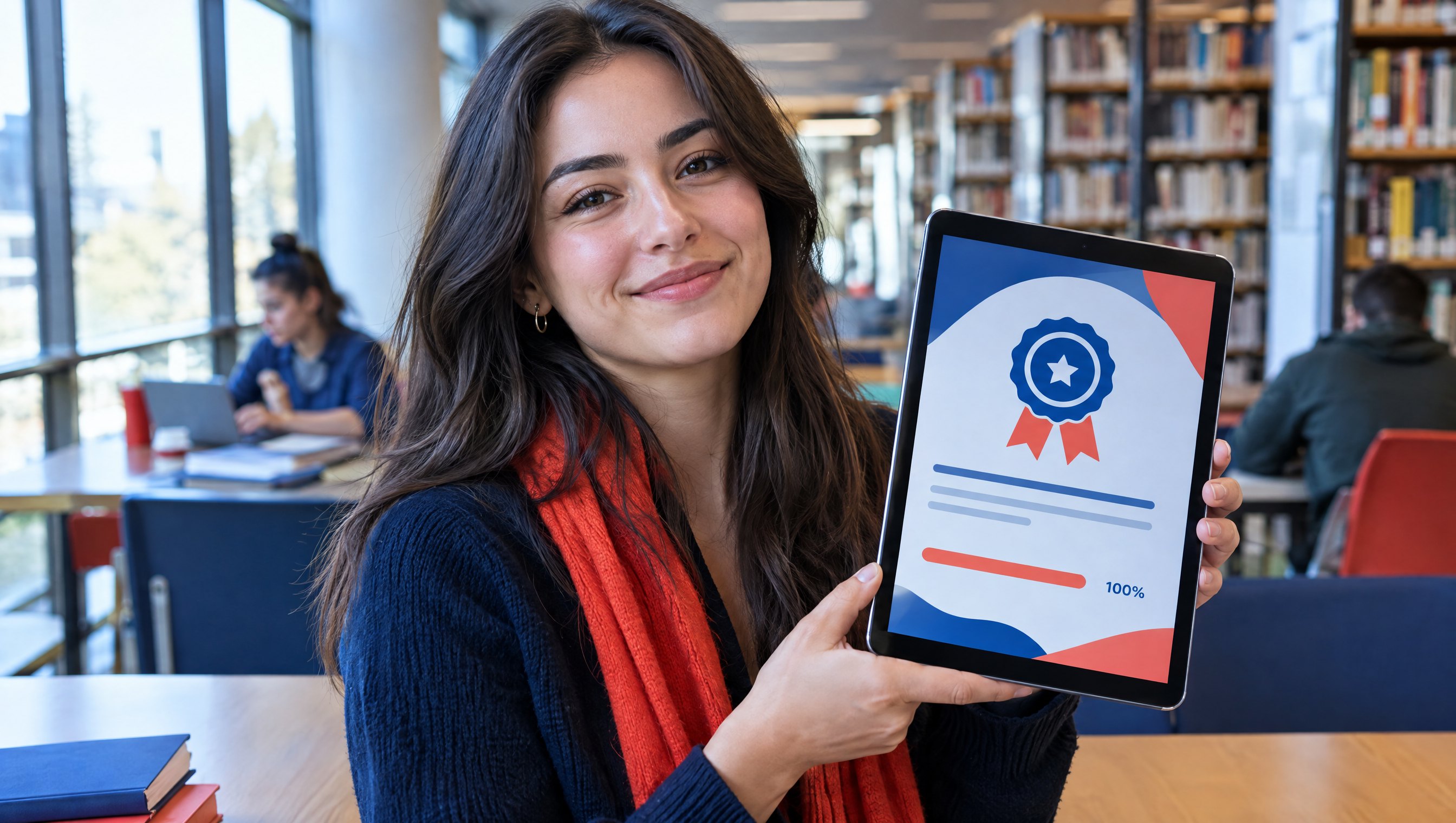 Tabletinde dijital sertifikasını gösteren üniversite öğrencisi